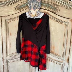 Vintage Christmas Style Lace Up Asymmetrical Red Buffalo Plaid V-Neck Medium